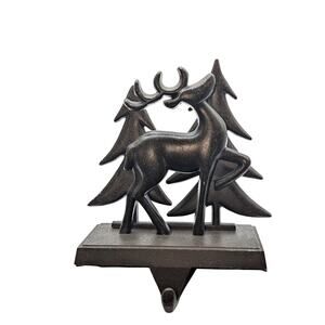 Christmas Mangle/Shelf Stocking Hanger Deer In Forest Bronze Heavy Metal